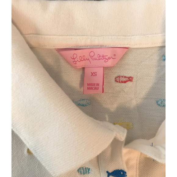 Lilly Pulitzer White Polo Shirt with Multi-Colored Embroidered Fish - Size EXSM - Picture 4 of 9